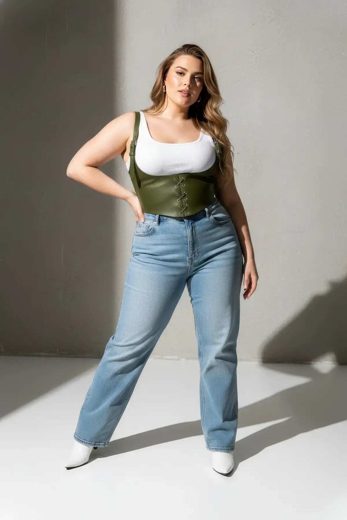 Büyük Beden Haki Kadın Kemer Korse Görünümlü Bağlama Detaylı - APFT1428