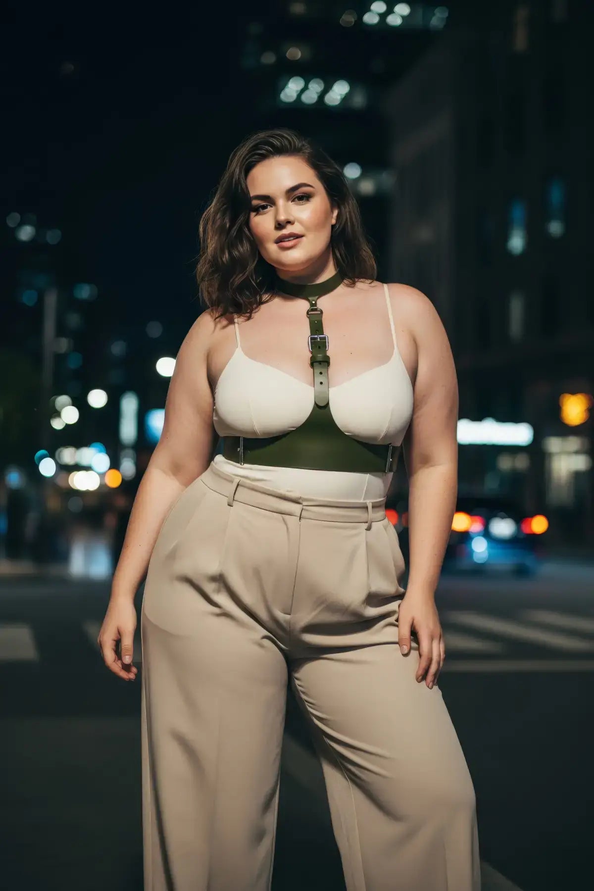 Büyük Beden Haki Kadın Kemer, Korse Görünümlü Deri Harness Vücut Aksesuarı - APFT1297