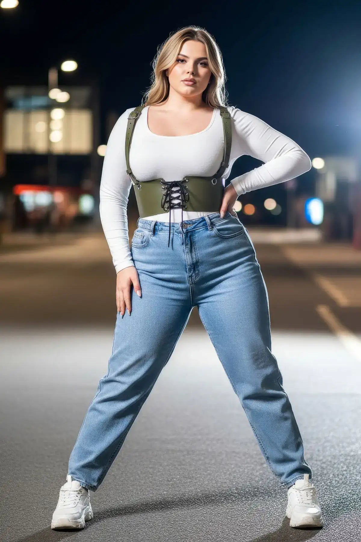 Büyük Beden Haki Kadın Kemer Omuz Askılı Bağlamalı Korse Stili - APFT1429