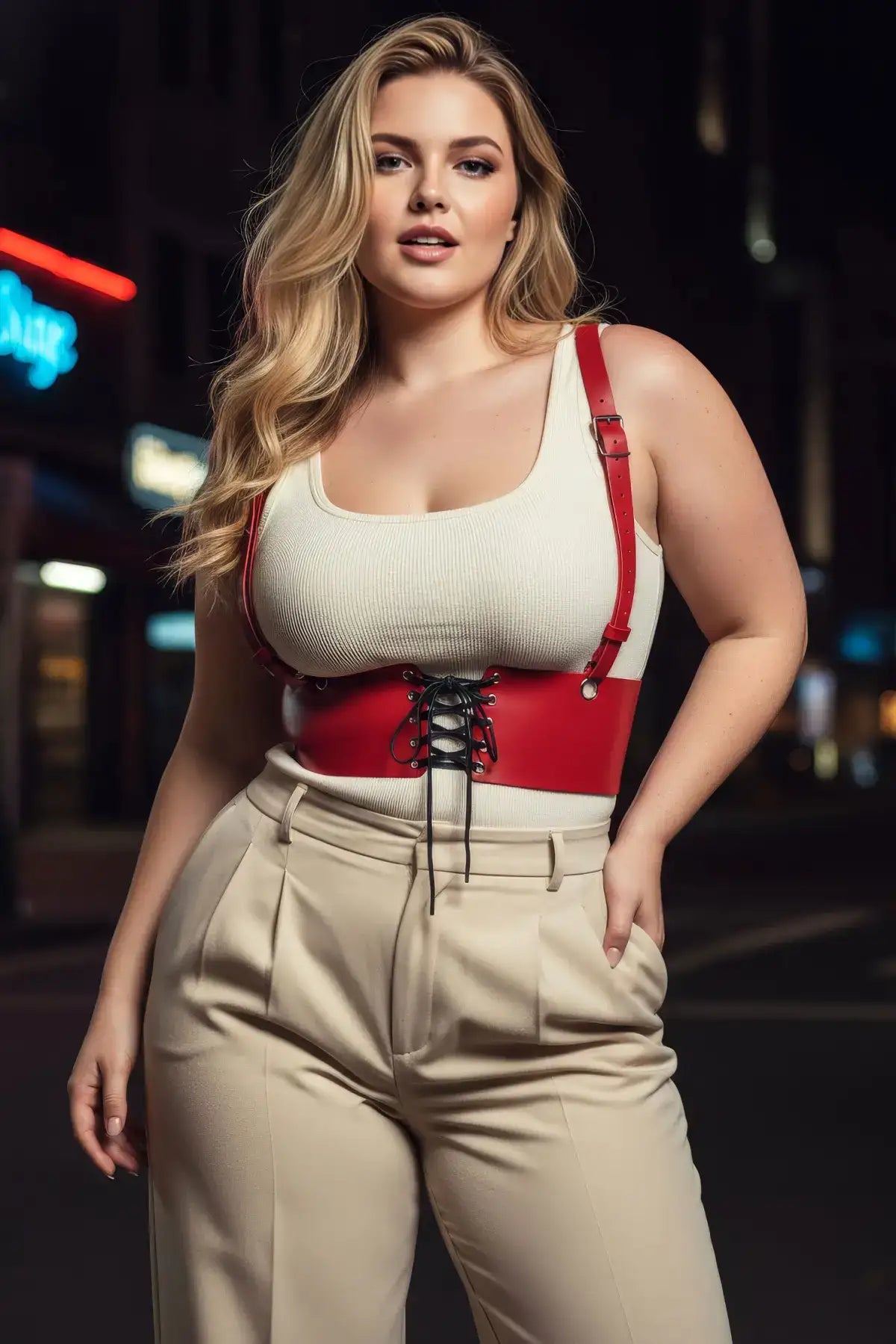 Büyük Beden Kırmızı Kadın Deri Askılı Korse Kemer Bağcıklı Model - APFT1429