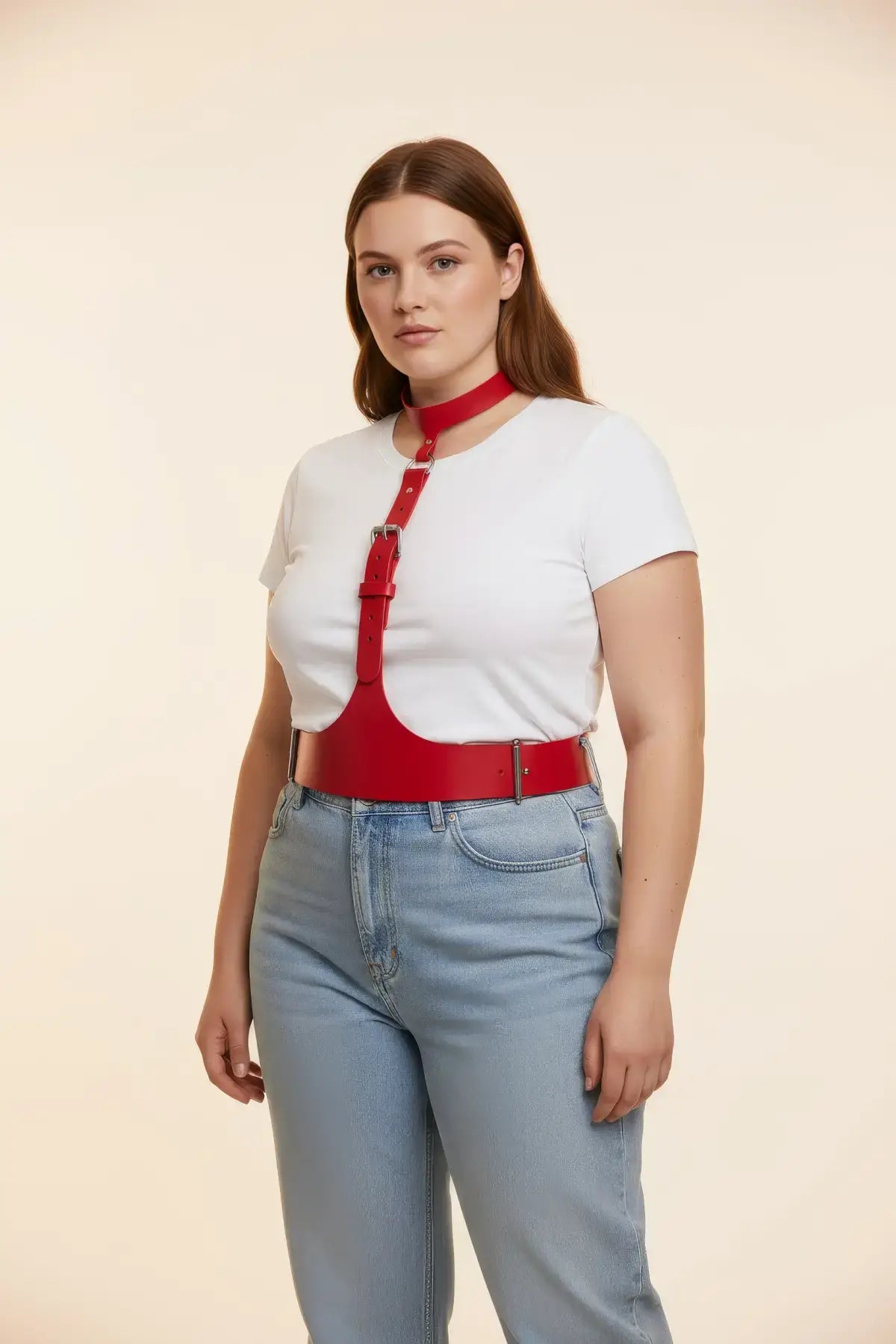 Büyük Beden Kırmızı Kadın Kemer Askılı Korse Stil Deri Aksesuar - APFT1297