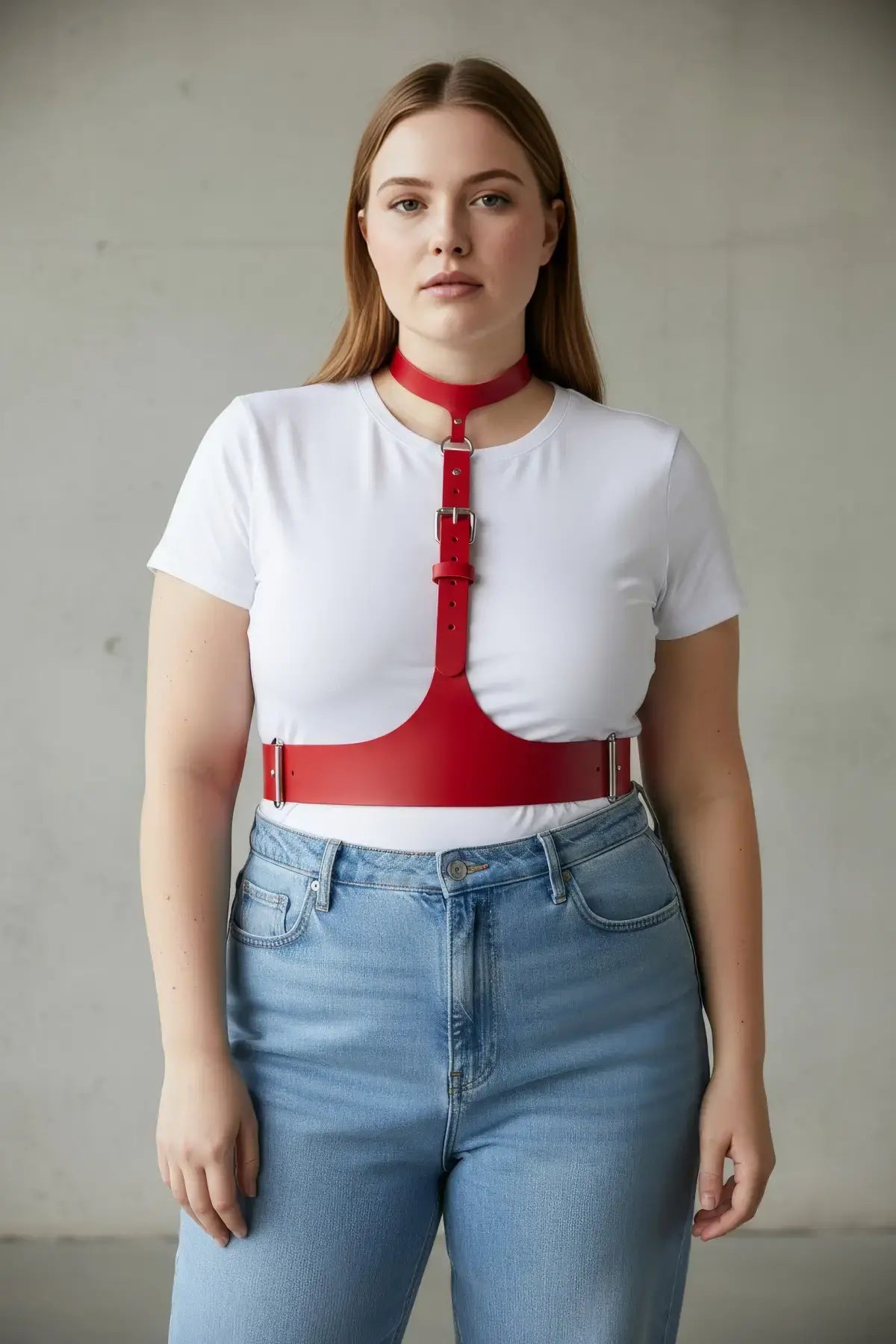 Büyük Beden Kırmızı Kadın Kemer Askılı Korse Stil Deri Aksesuar - APFT1297