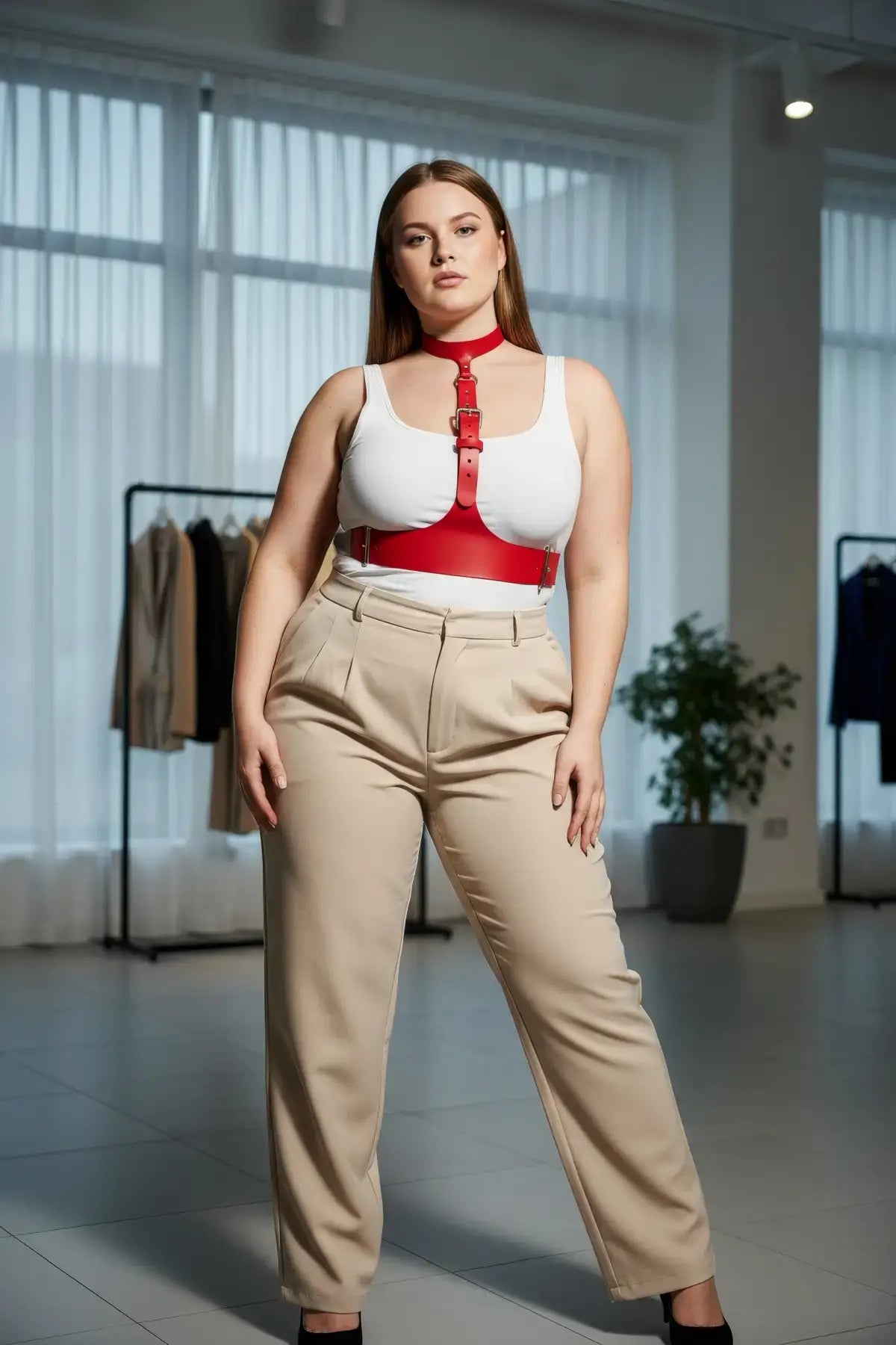 Büyük Beden Kırmızı Kadın Kemer Askılı Korse Stil Deri Aksesuar - APFT1297