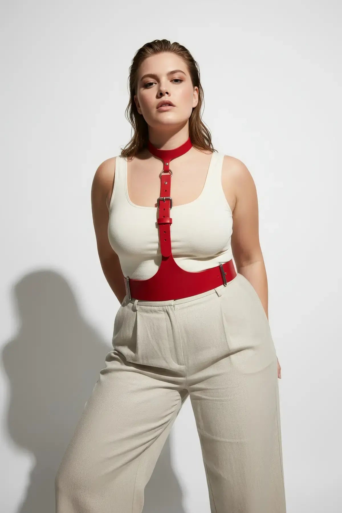 Büyük Beden Kırmızı Kadın Kemer Askılı Korse Stil Deri Aksesuar - APFT1297