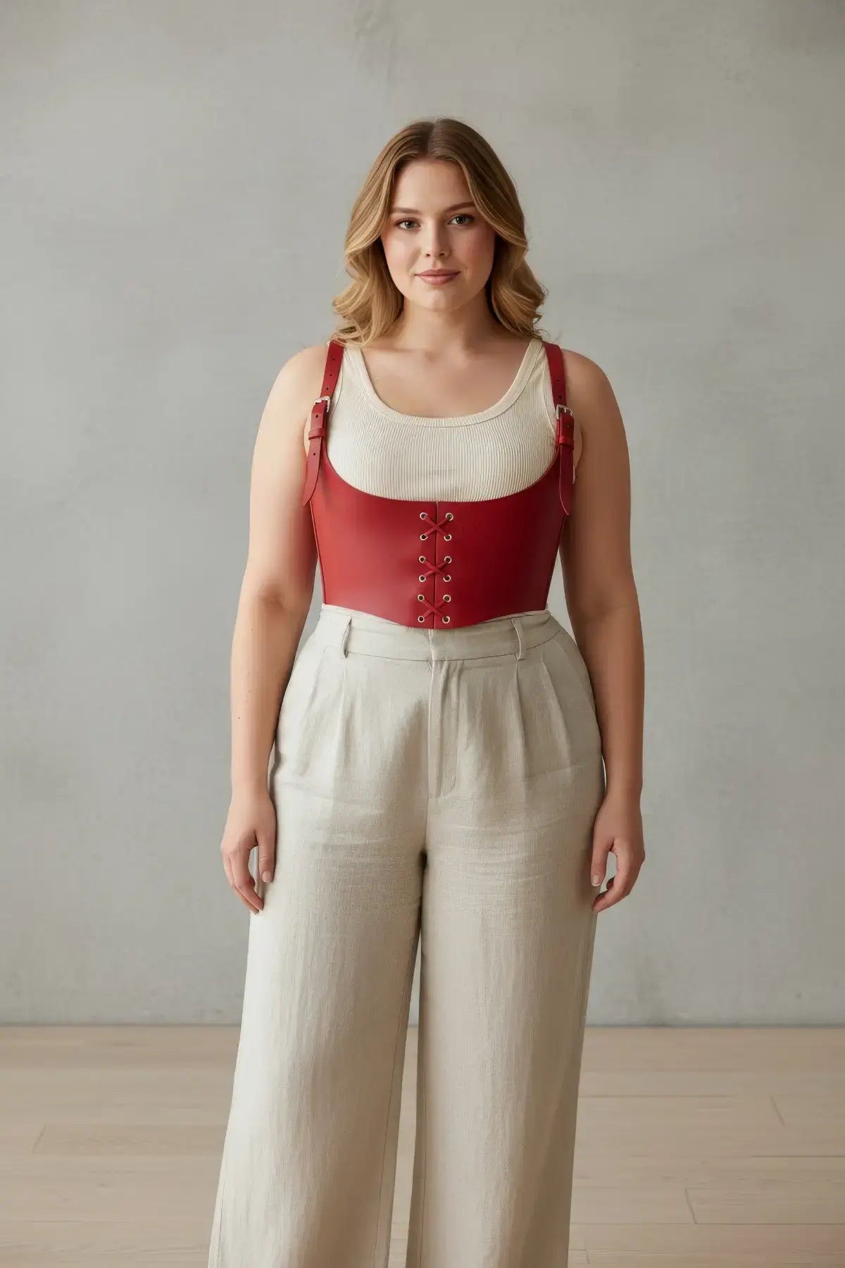 Büyük Beden Kırmızı Kadın Kemer Bağcıklı Deri Korse Harness - APFT1428