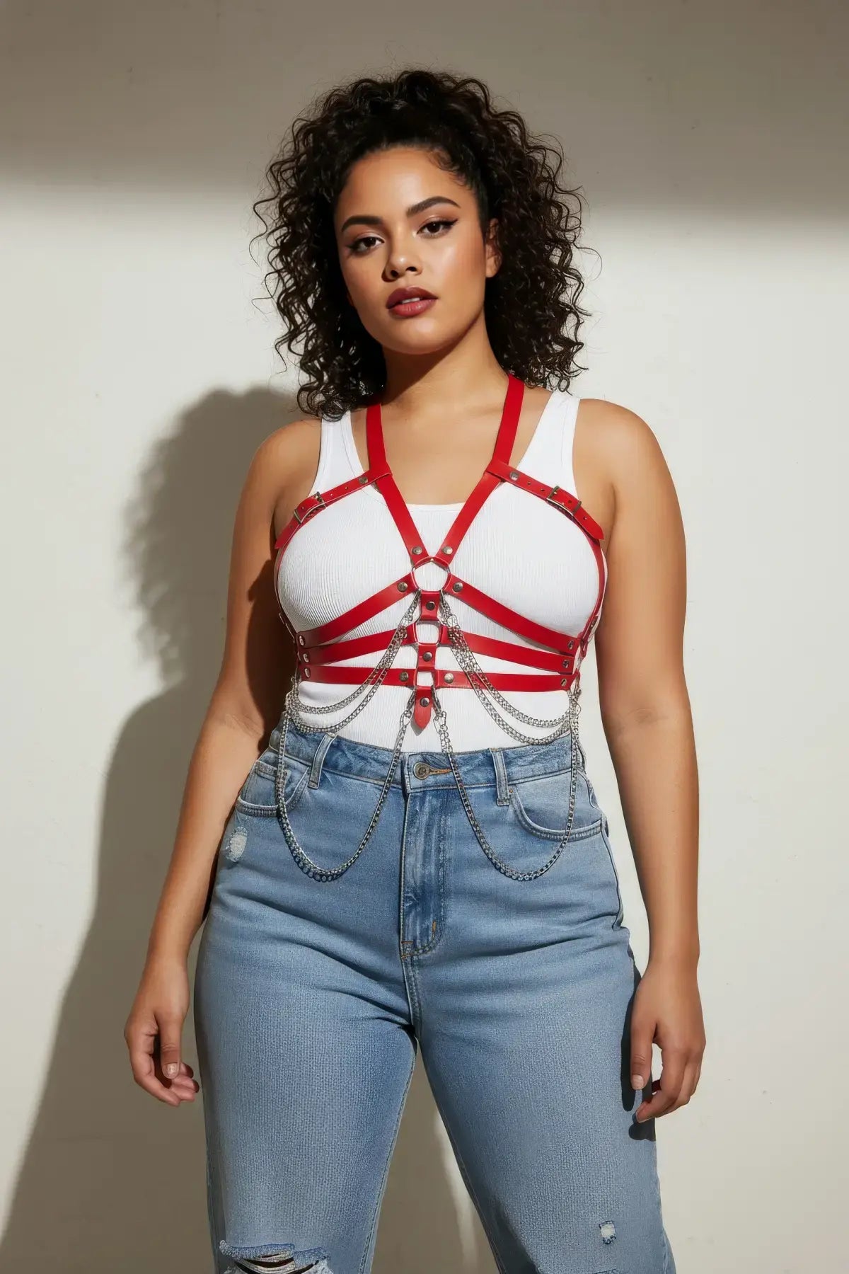 Büyük Beden Kırmızı Kadın Kemer Deri Harness Zincir Detaylı Vücut Aksesuarı - APFT9