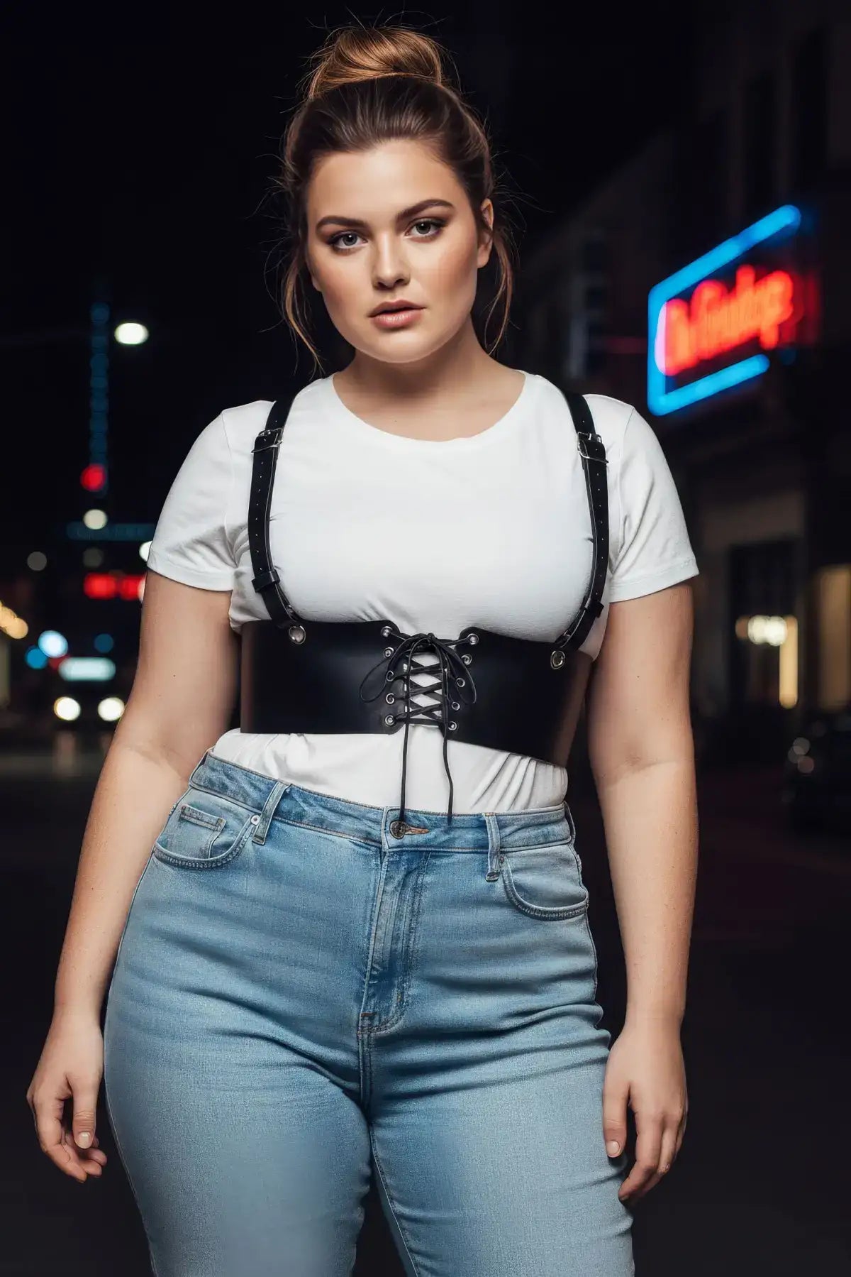 Büyük Beden Siyah Kadın Deri Kemer Omuz Askılı Bağcıklı Korse - APFT1429