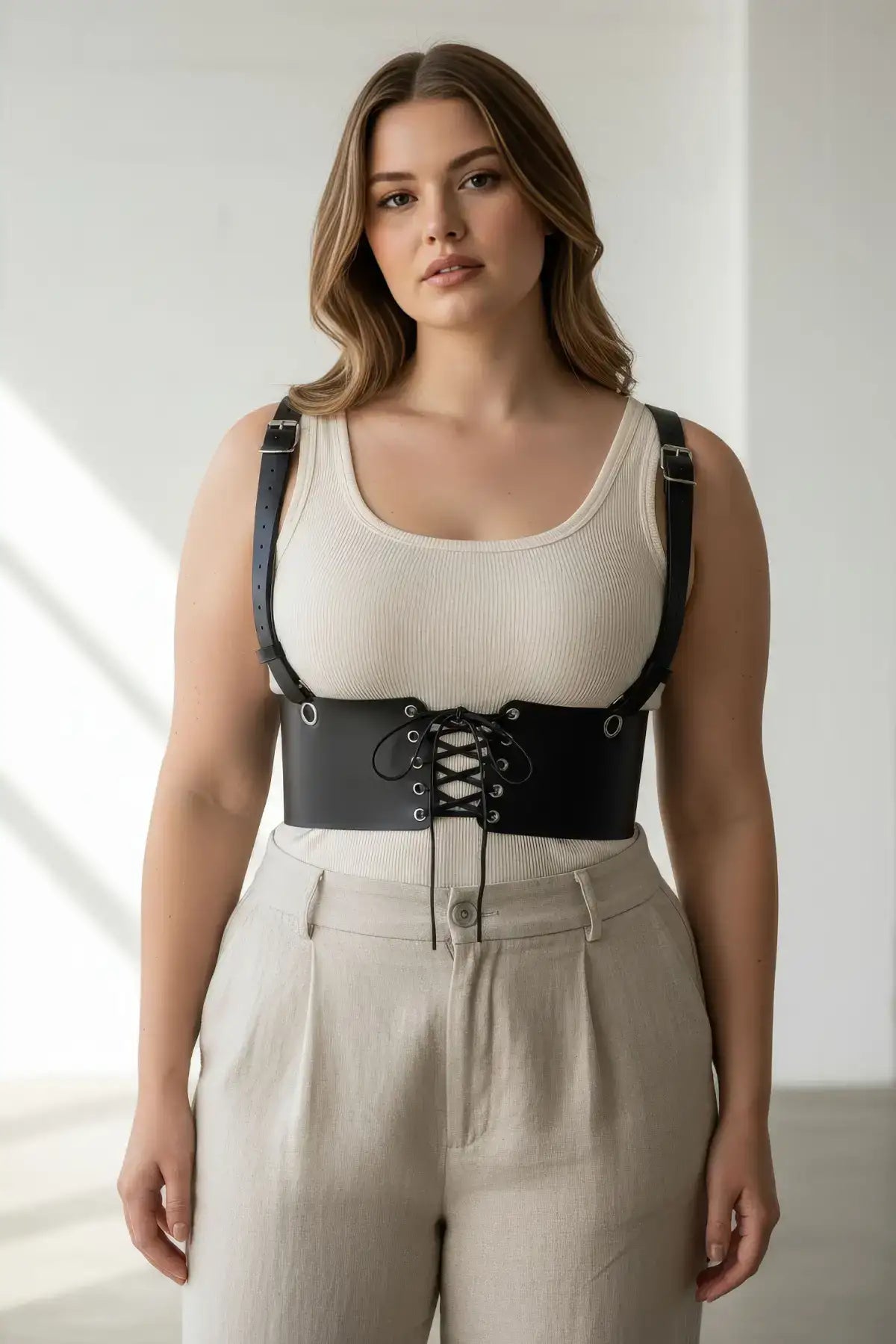 Büyük Beden Siyah Kadın Deri Kemer Omuz Askılı Bağcıklı Korse - APFT1429