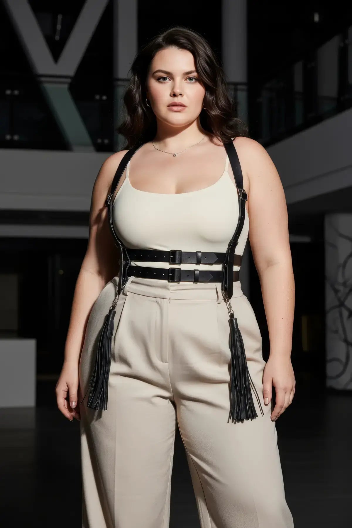 Büyük Beden Siyah Kadın Kemer Askılı Korse Tarzı Püskül Detaylı Deri Vücut Aksesuarı - APFT1393