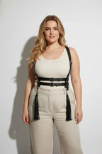 Büyük Beden Siyah Kadın Kemer Askılı Korse Tarzı Püskül Detaylı Deri Vücut Aksesuarı - APFT1393