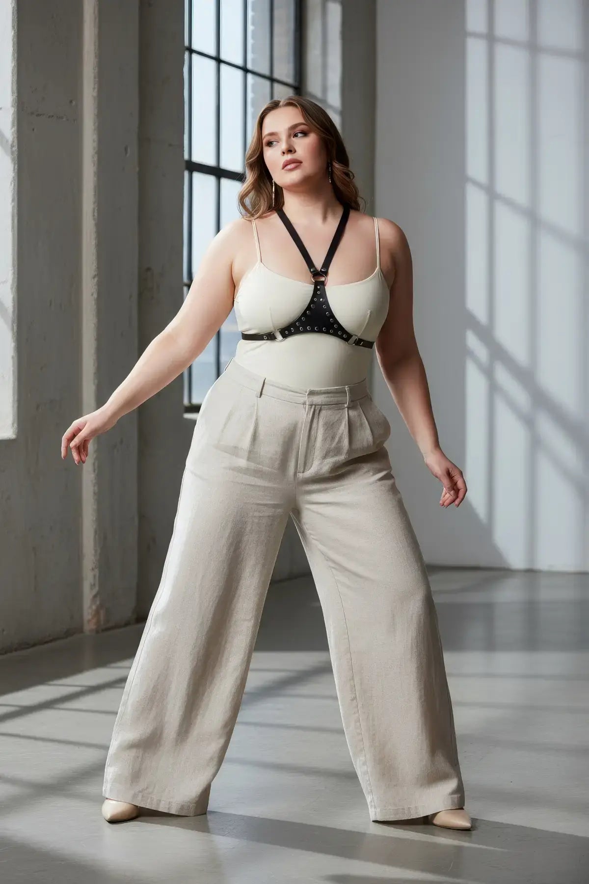 Büyük Beden Siyah Kadın Kemer Halka Detaylı Deri Vücut Aksesuarı - APFT1279