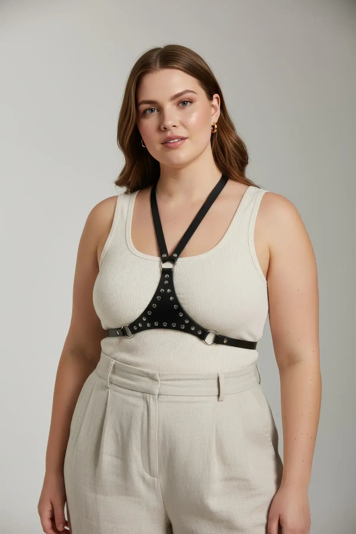 Büyük Beden Siyah Kadın Kemer Halka Detaylı Deri Vücut Aksesuarı - APFT1279