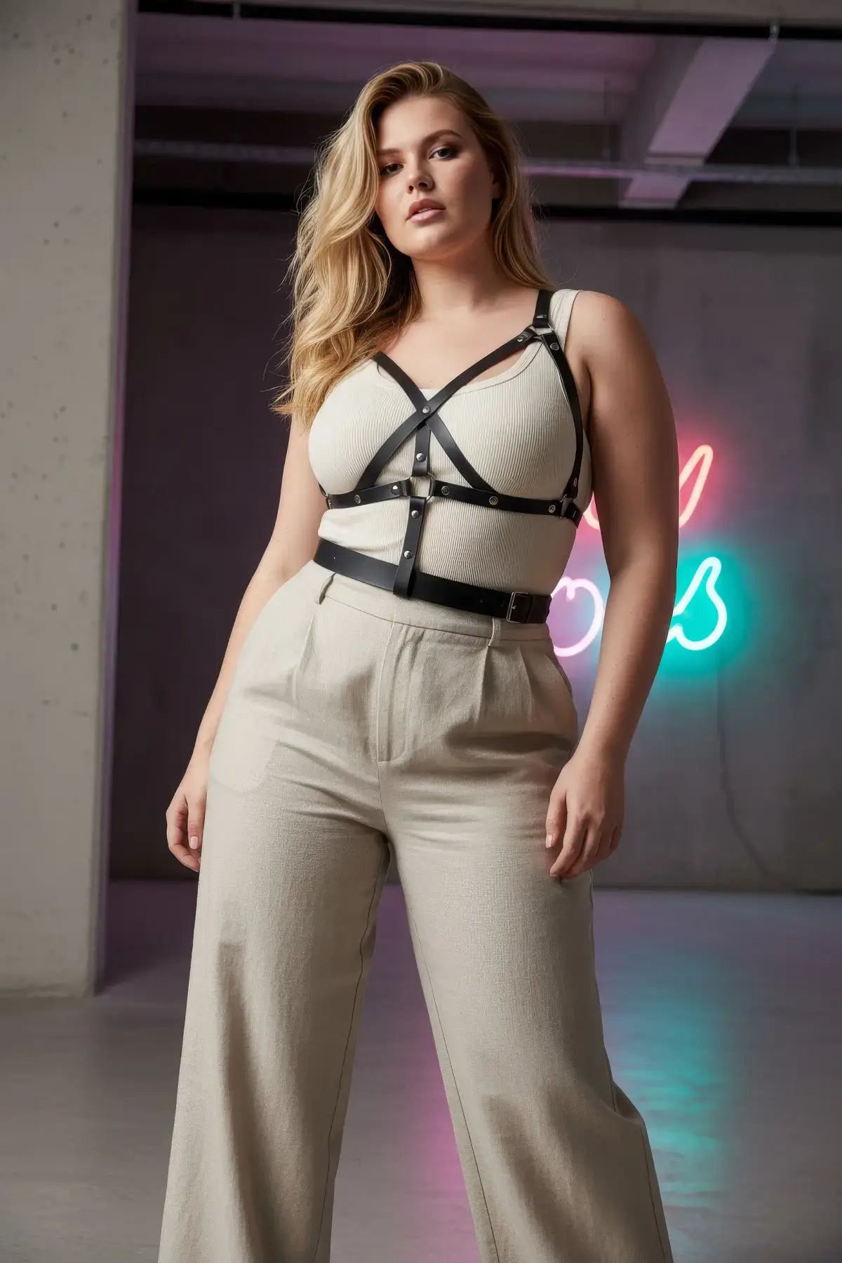 Büyük Beden Siyah Kadın Kemer Harness Detaylı Deri Vücut Aksesuarı - APFT1294