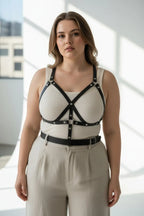 Büyük Beden Siyah Kadın Kemer Harness Detaylı Deri Vücut Aksesuarı - APFT1294