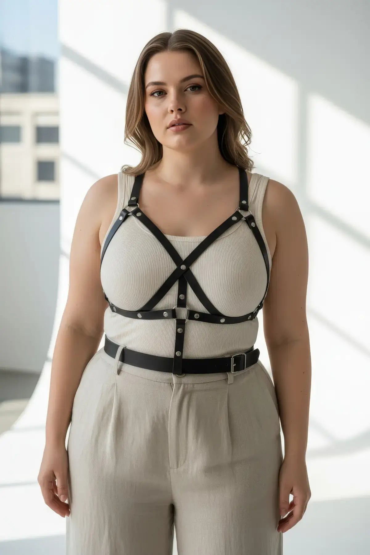 Büyük Beden Siyah Kadın Kemer Harness Detaylı Deri Vücut Aksesuarı - APFT1294