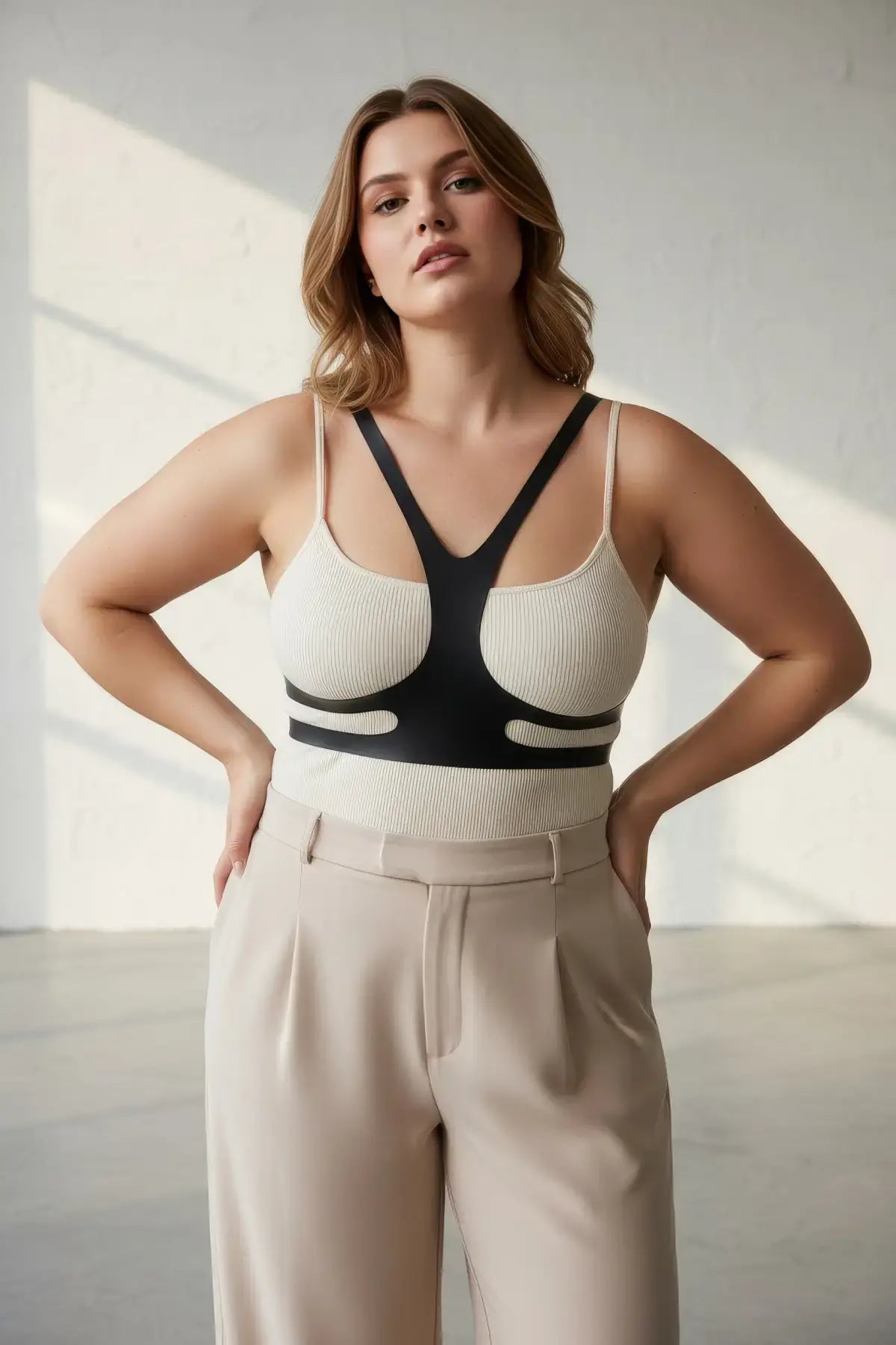 Büyük Beden Siyah Kadın Kemer Harness Stil Deri Vücut Aksesuarı - APFT1374