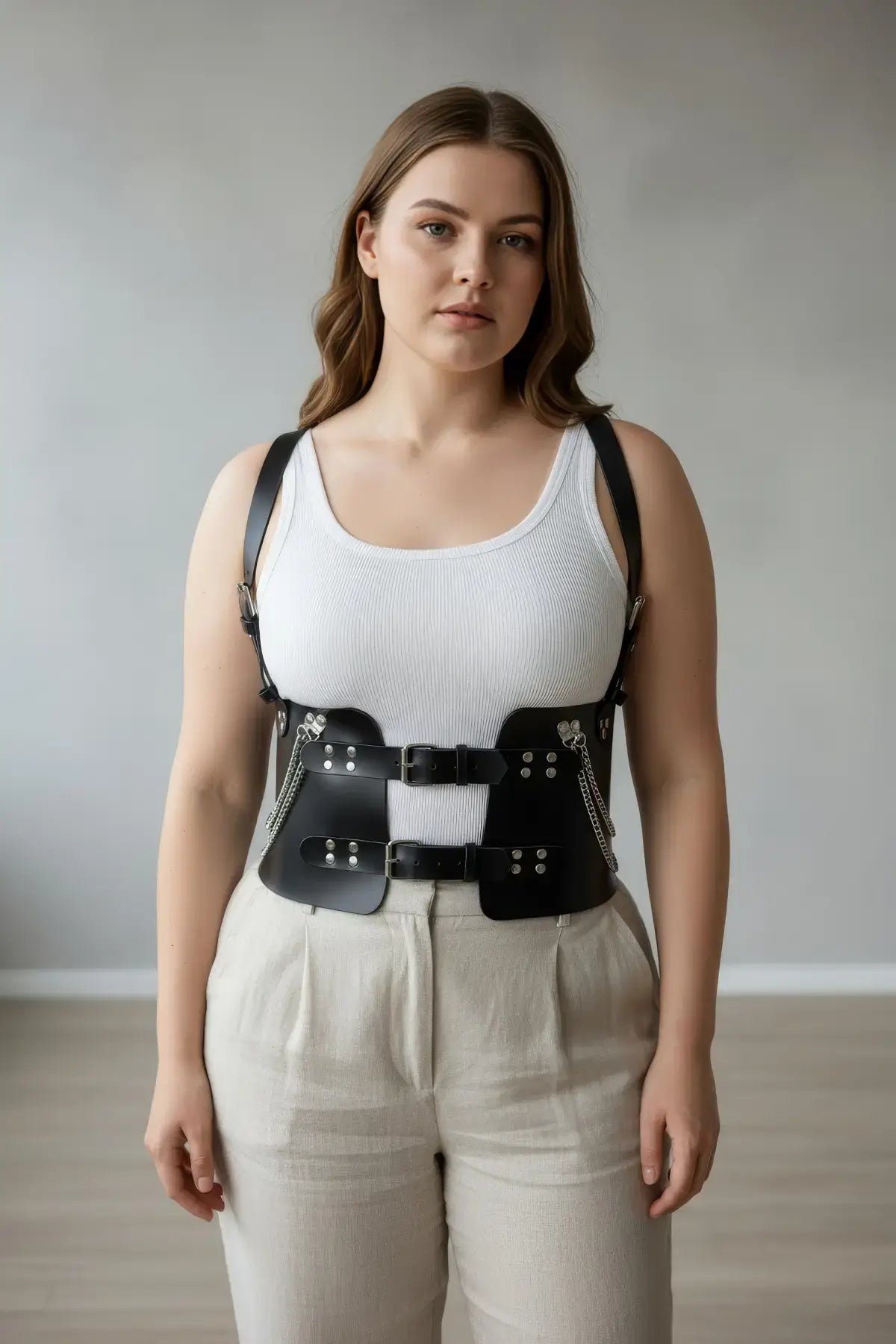 Büyük Beden Siyah Kadın Kemer Korse Görünümlü Zincir Detaylı - APFT1300