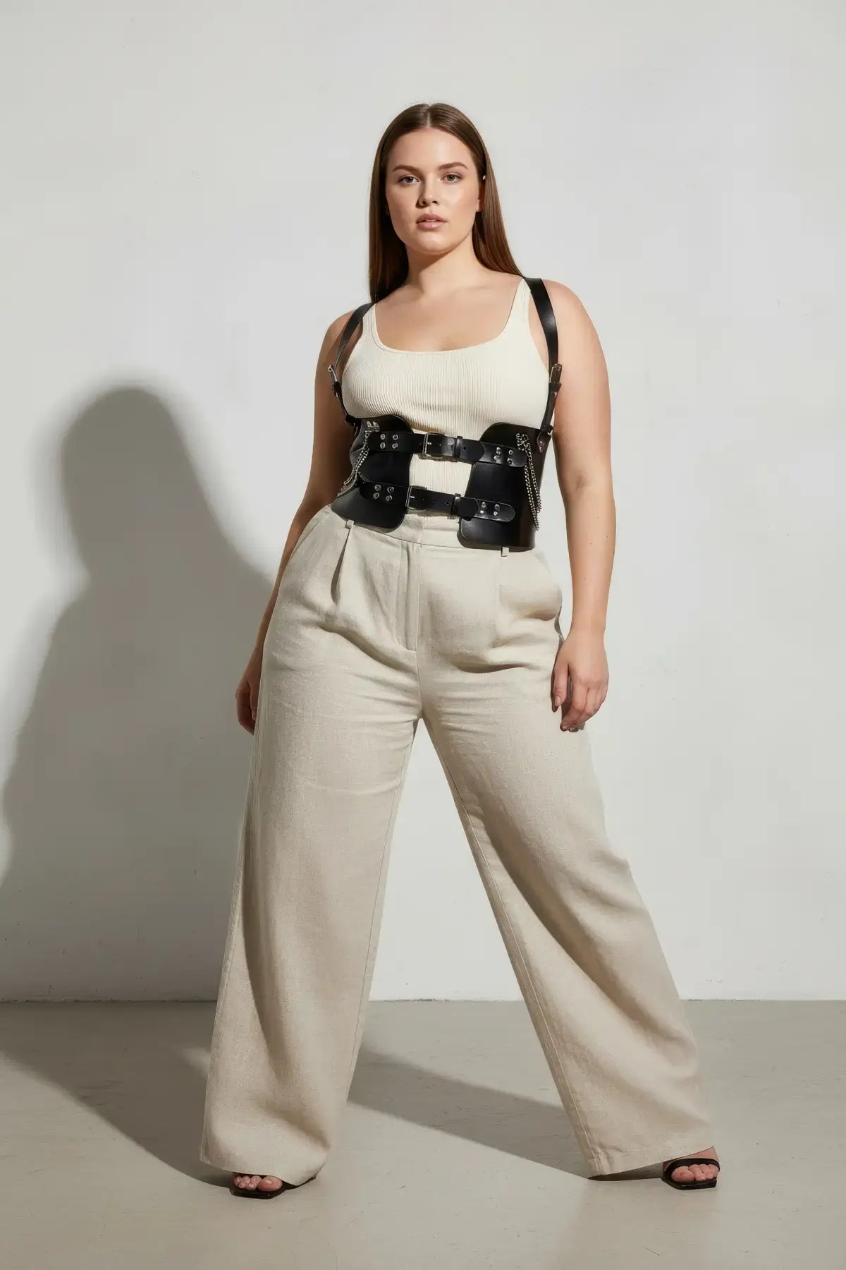 Büyük Beden Siyah Kadın Kemer Korse Görünümlü Zincir Detaylı - APFT1300