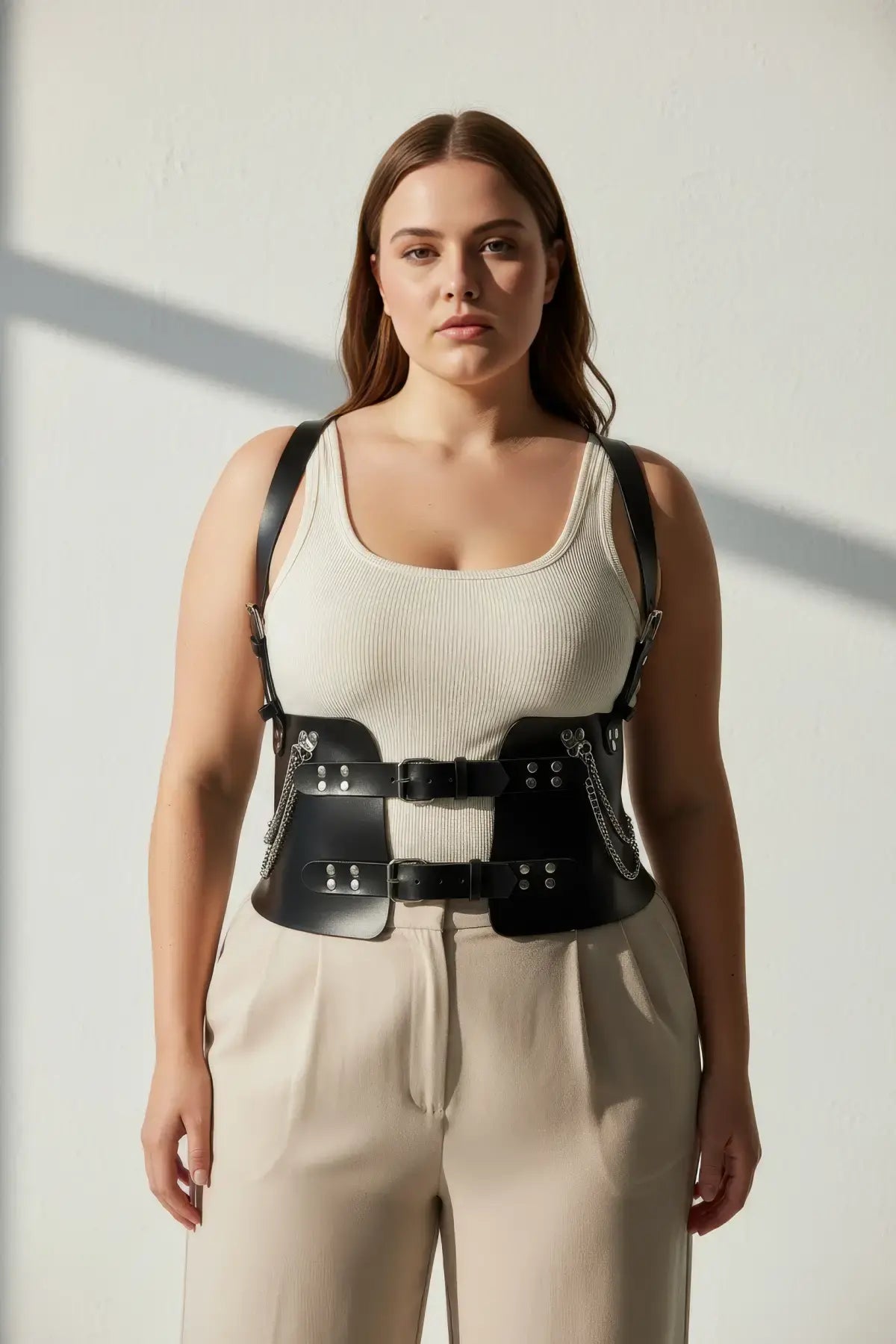 Büyük Beden Siyah Kadın Kemer Korse Görünümlü Zincir Detaylı - APFT1300