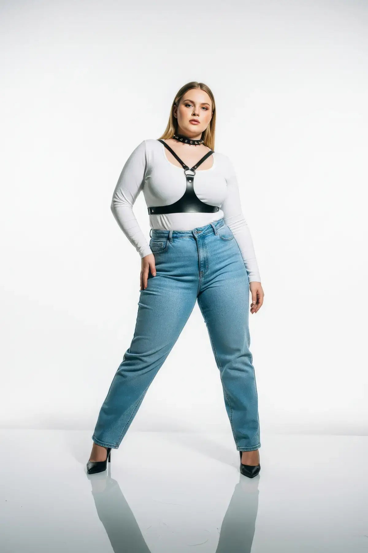 Büyük Beden Siyah Kadın Kemer Zımba Detaylı Deri Harness Vücut Aksesuarı - APFT1299