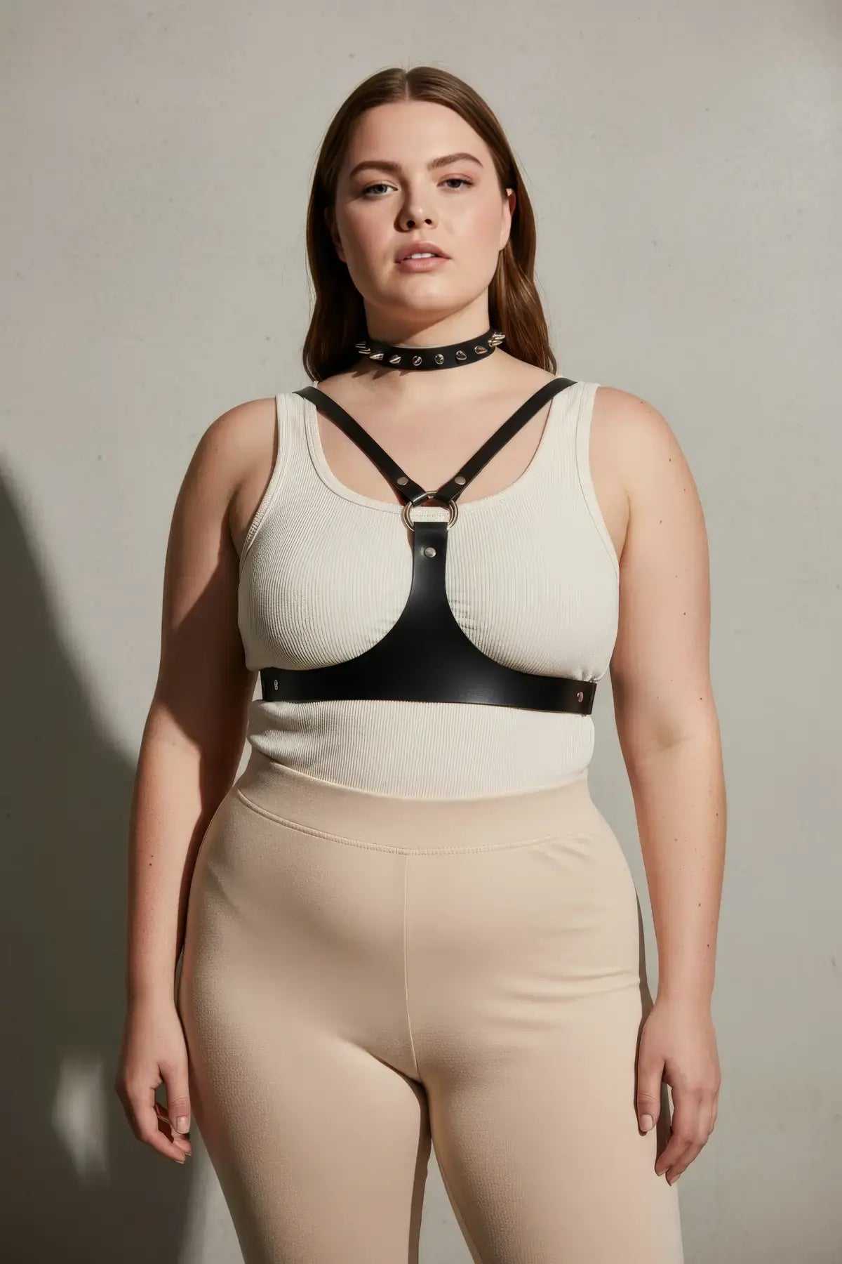 Büyük Beden Siyah Kadın Kemer Zımba Detaylı Deri Harness Vücut Aksesuarı - APFT1299