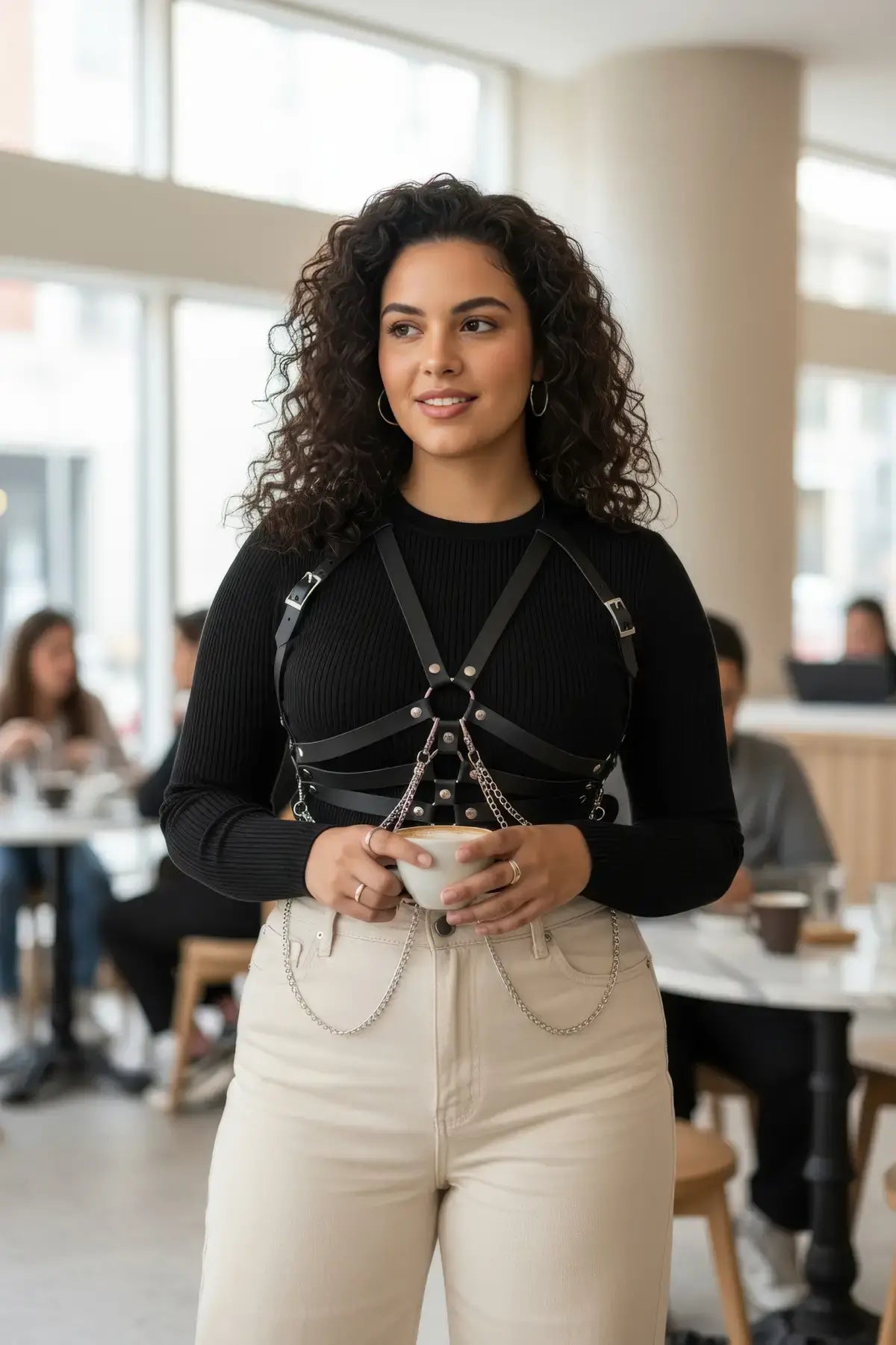 Büyük Beden Siyah Kadın Kemer Zincir Detaylı Korse Tarzı Vücut Aksesuarı - APFT9