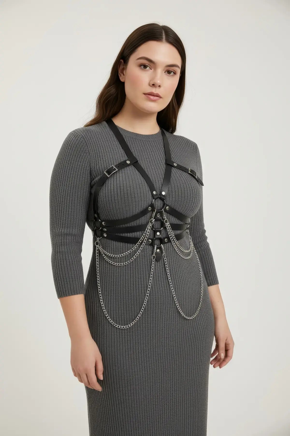 Büyük Beden Siyah Kadın Kemer Zincir Detaylı Korse Tarzı Vücut Aksesuarı - APFT9