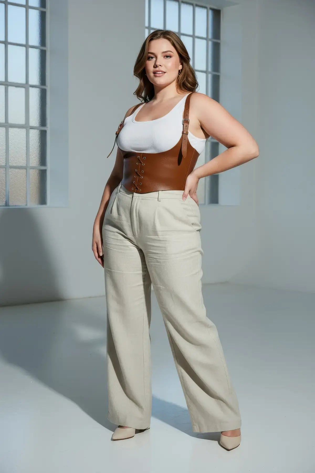 Büyük Beden Taba Kadın Kemer Omuz Askılı Bağlamalı Deri Korse - APFT1428