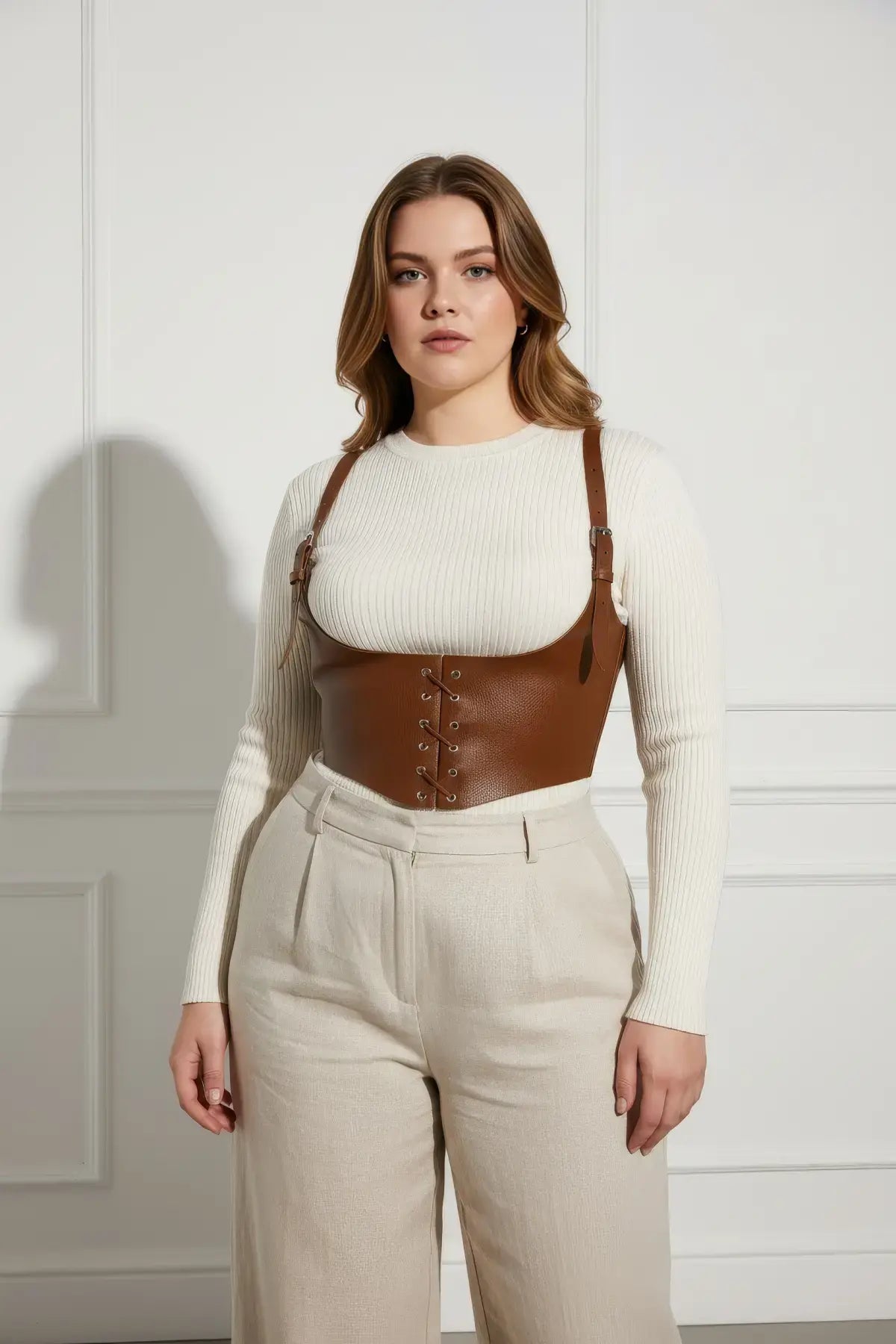 Büyük Beden Taba Kadın Kemer Omuz Askılı Bağlamalı Deri Korse - APFT1428