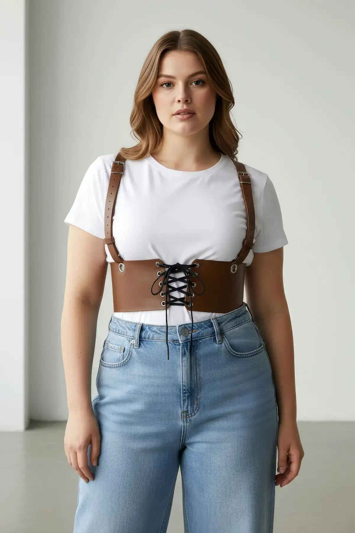 Büyük Beden Taba Kadın Korse Kemer Omuz Askılı Bağcık Detaylı - APFT1429