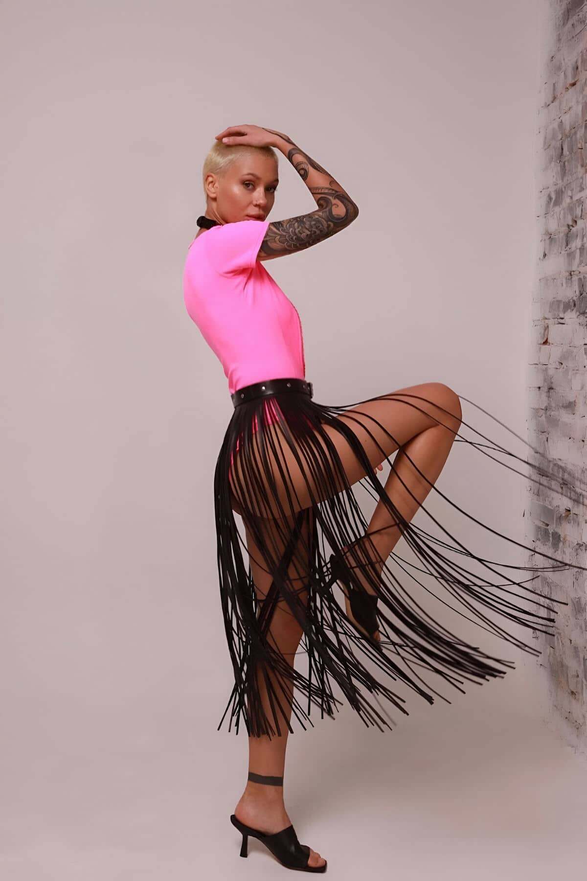 Deri Püsküllü Etek, İnce Püsküllü Boy Etek, Şık Deri Etek Harness - APFT1088