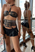 Püskül Detaylı Siyah Deri Korse Sütyen Harness Takım