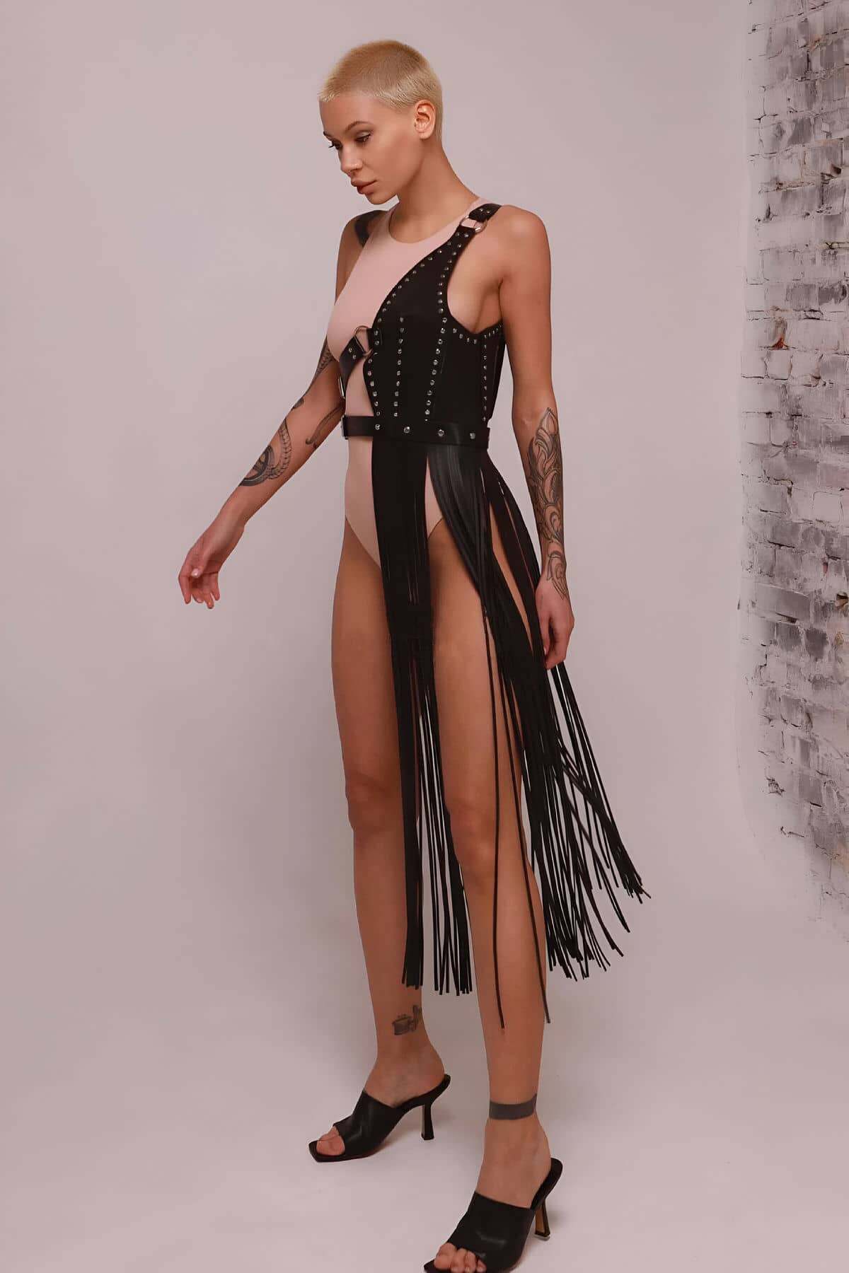 Püsküllü Deri Ceket Harness, Püsküllü Seksi Deri Harness - APFT1014