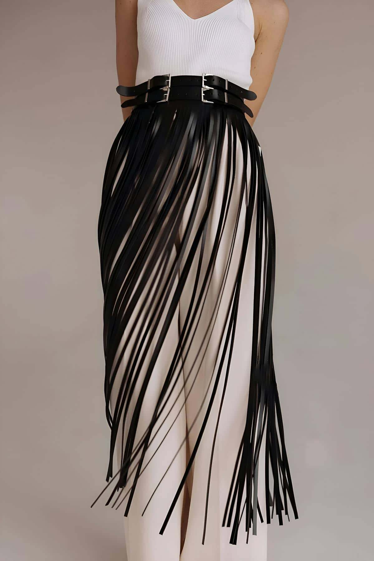 Püsküllü Deri Etek, Bel Üzeri Şık Püsküllü Deri Etek - APFT1090