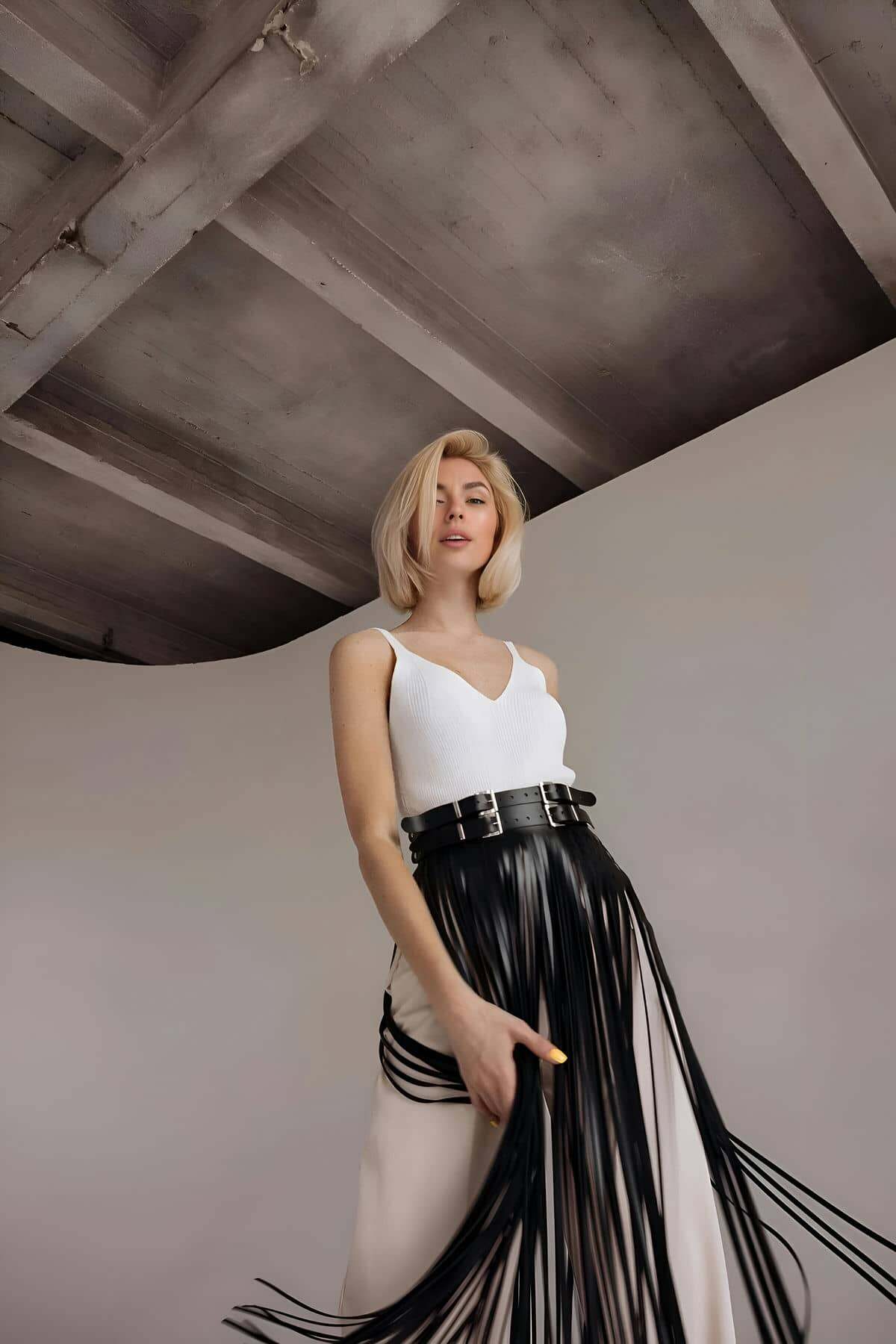 Püsküllü Deri Etek, Bel Üzeri Şık Püsküllü Deri Etek - APFT1090