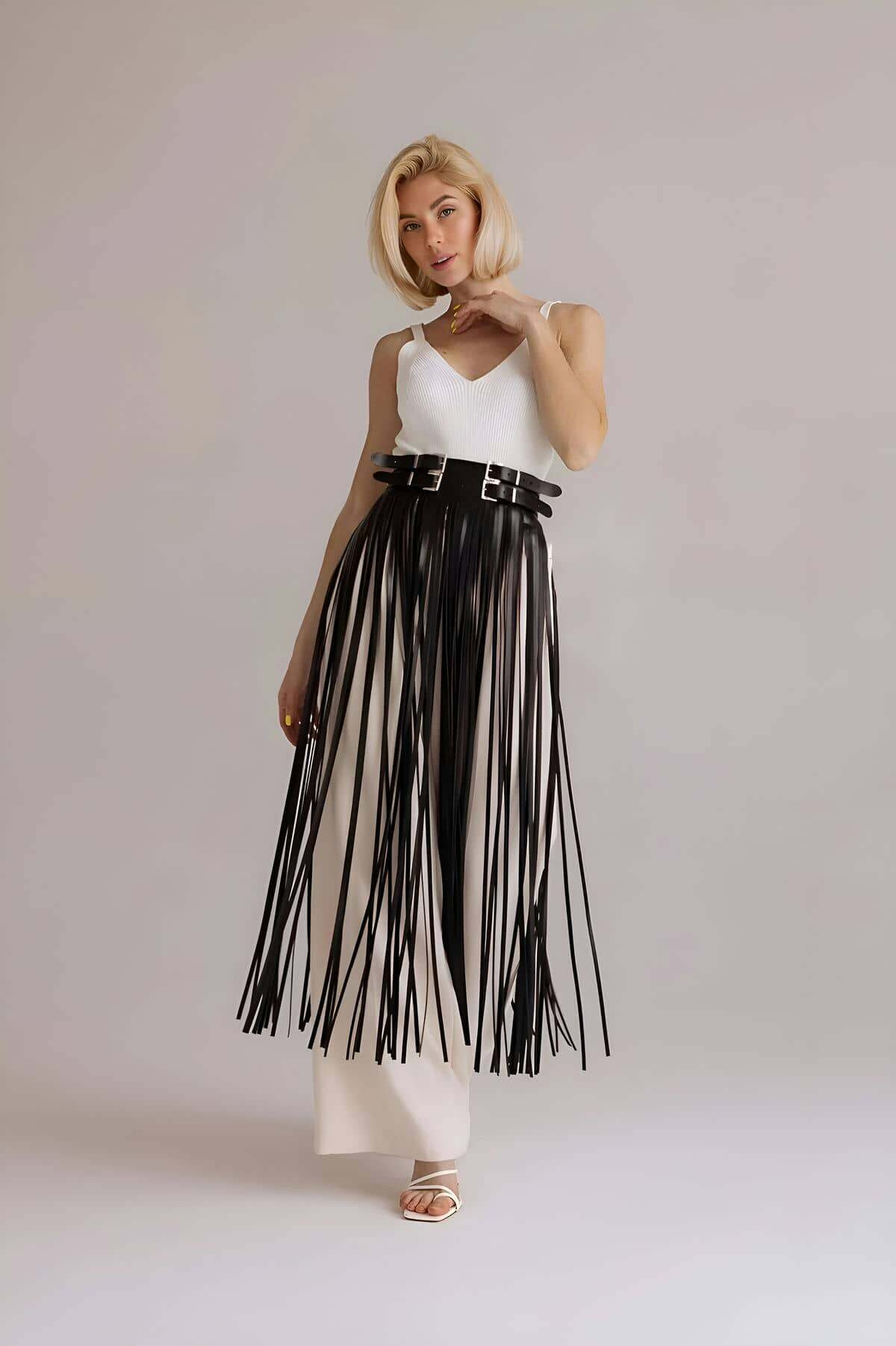 Püsküllü Deri Etek, Bel Üzeri Şık Püsküllü Deri Etek - APFT1090