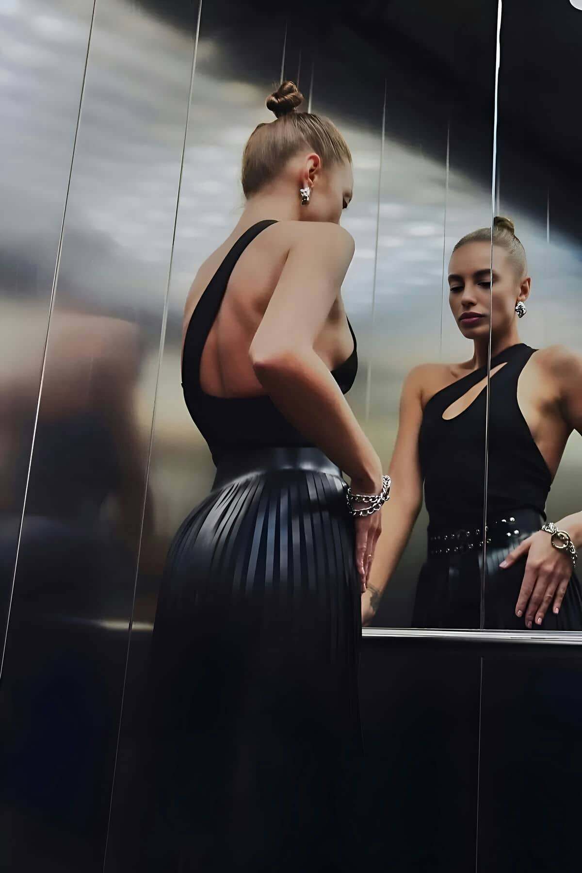 Püsküllü Deri Etek, Şık Deri Etek, Uzun Deri Etek, Siyah Deri Etek - APFT637