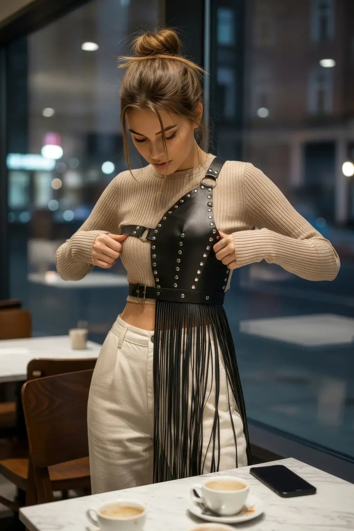 Siyah Etek Deri Zımbalı Asimetrik Püsküllü - APFT1014