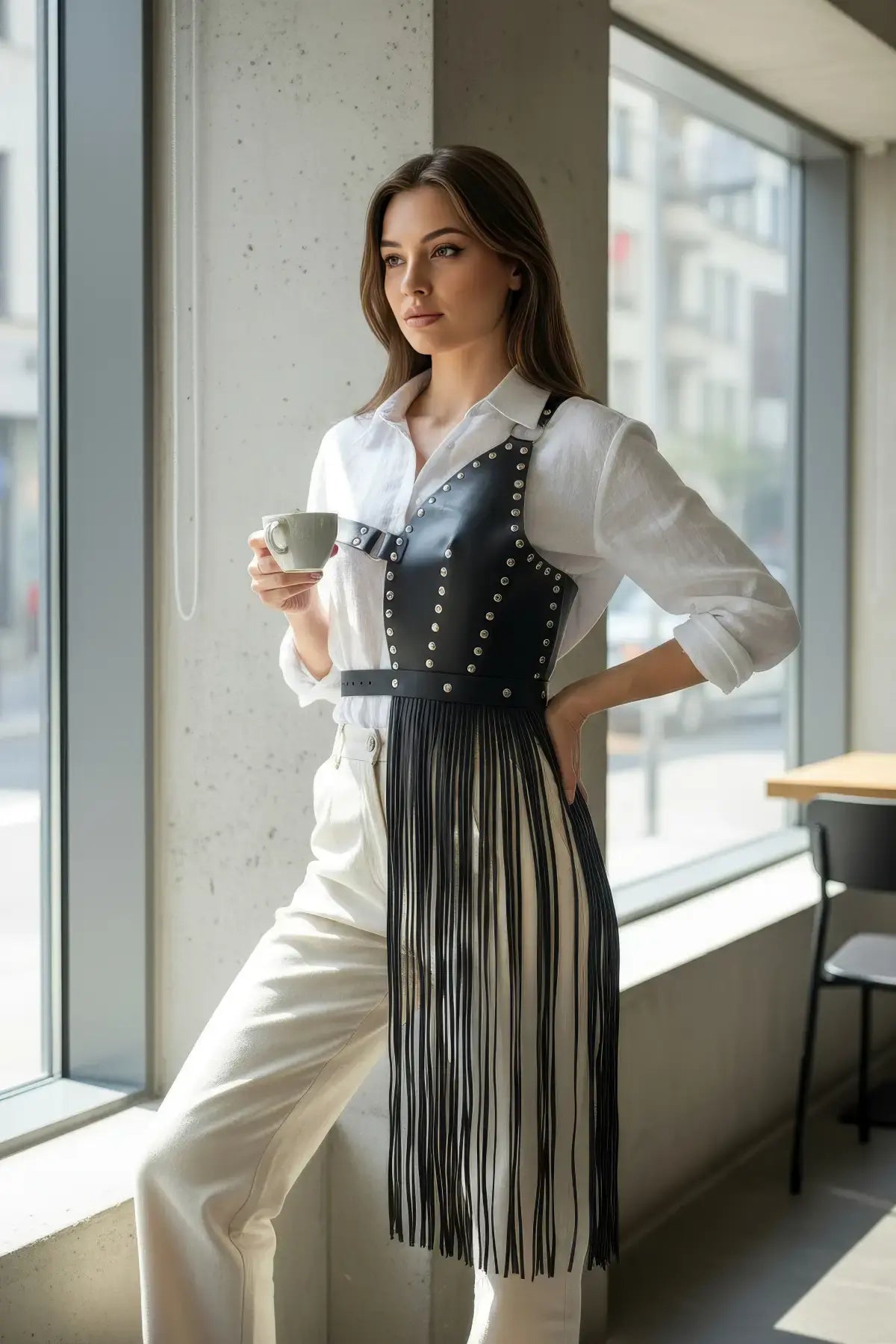 Siyah Etek Deri Zımbalı Asimetrik Püsküllü - APFT1014