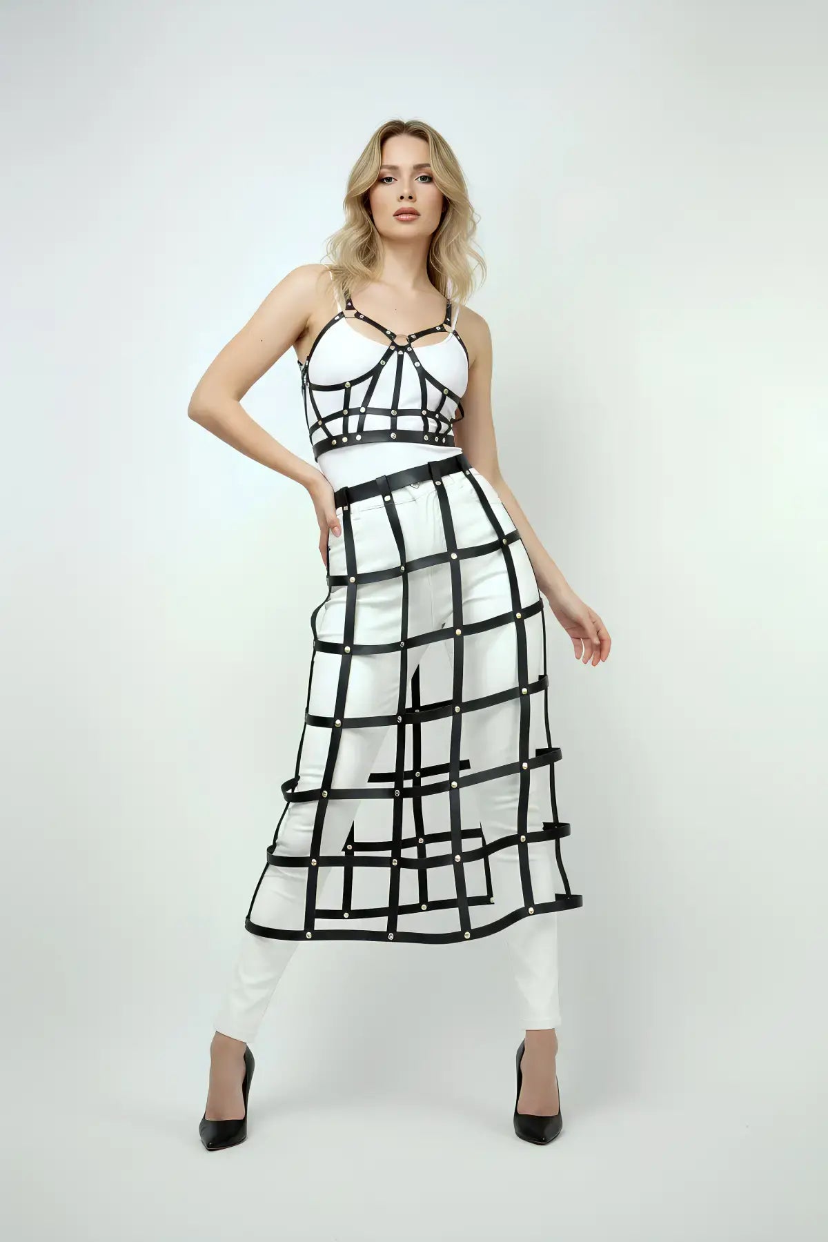 Siyah Etek Kafes Detaylı Etek Midi Boy Deri Etek - APFT1013