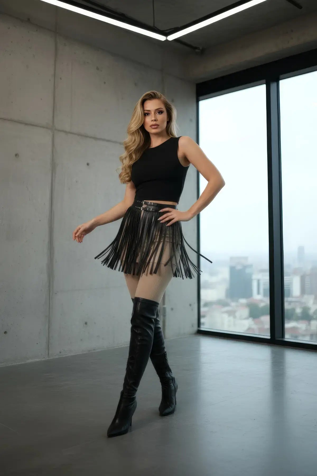 Siyah Etek Suni Deri Etek Püsküllü Mini Etek Boy - APFT1400