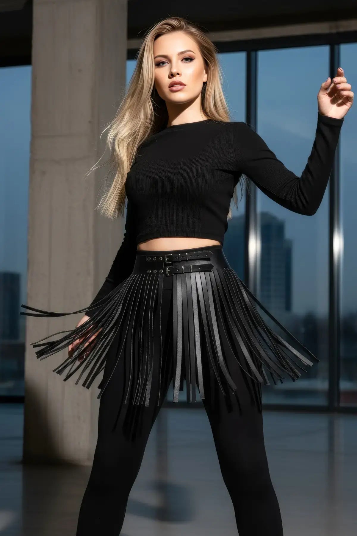 Siyah Etek Suni Deri Etek Püsküllü Mini Etek Boy - APFT1400