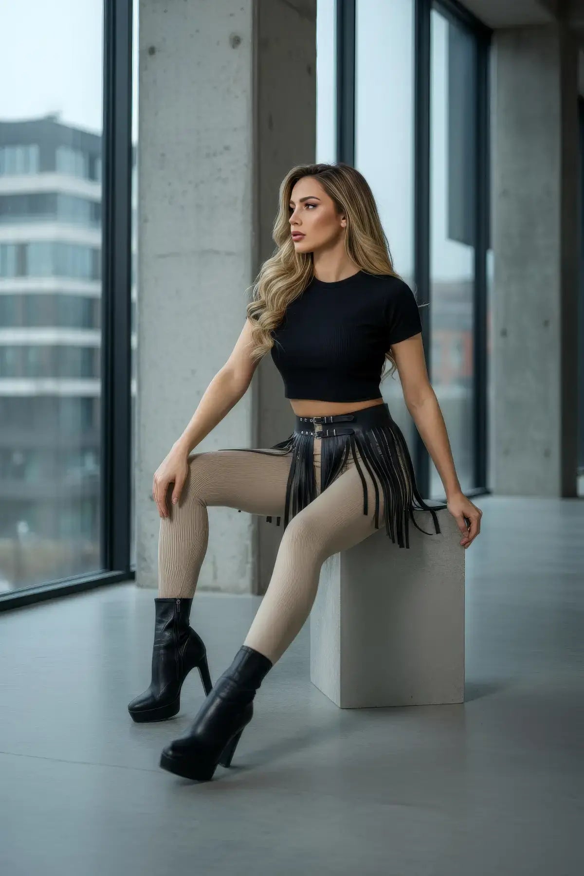 Siyah Etek Suni Deri Etek Püsküllü Mini Etek Boy - APFT1400