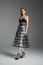 Siyah Kadın Etek Suni Deri Etek Kafes Yapılı Midi Boy Deri Etek - APFT1013