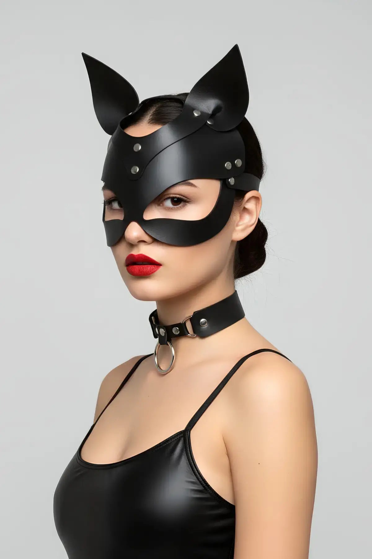 Siyah Maske Deri Kedi Kulaklı Kostüm - APFT789