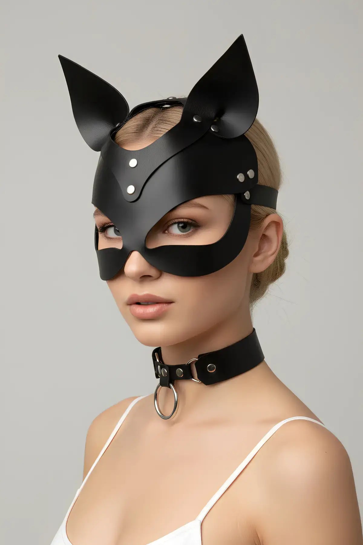 Siyah Maske Deri Kedi Kulaklı Kostüm - APFT789